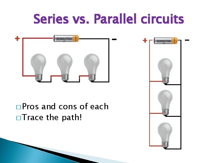 Series vs. Parallel circuits � Pros and cons of each � Trace the path!
