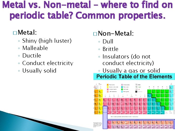 Metal vs. Non-metal – where to find on periodic table? Common properties. � Metal: