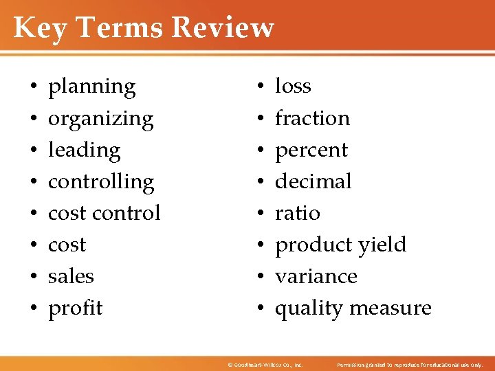 Key Terms Review • • planning organizing leading controlling cost control cost sales profit Key Terms Review • • planning organizing leading controlling cost control cost sales profit