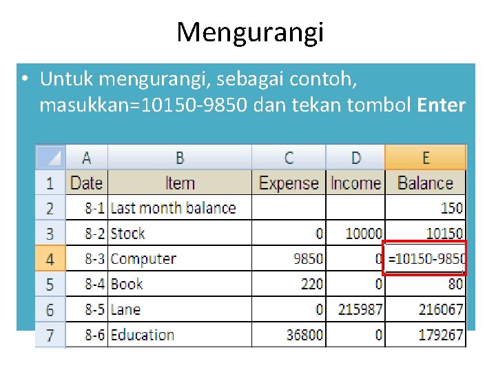 Mengurangi • Untuk mengurangi, sebagai contoh, masukkan=10150 -9850 dan tekan tombol Enter 