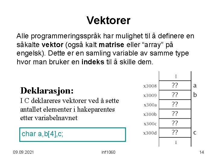 Vektorer Alle programmeringsspråk har mulighet til å definere en såkalte vektor (også kalt matrise