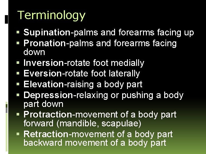 Terminology Supination-palms and forearms facing up Pronation-palms and forearms facing down Inversion-rotate foot medially