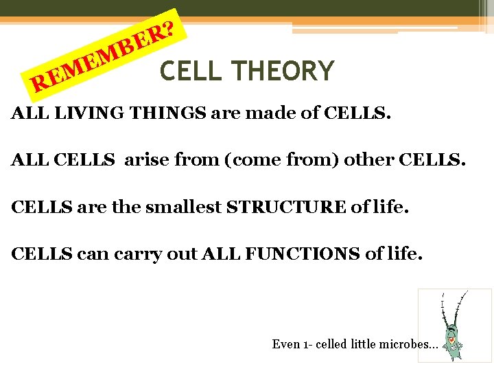 ? R E B M E R CELL THEORY ALL LIVING THINGS are made