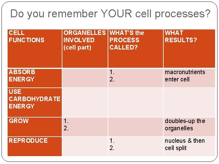 Do you remember YOUR cell processes? CELL FUNCTIONS ORGANELLES WHAT’S the INVOLVED PROCESS (cell