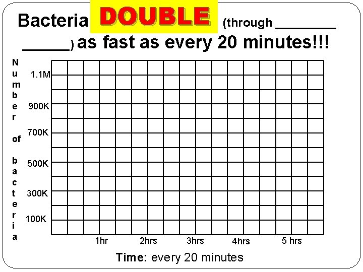 Bacteria DOUBLE can split (through _______) as fast as every 20 minutes!!! N u