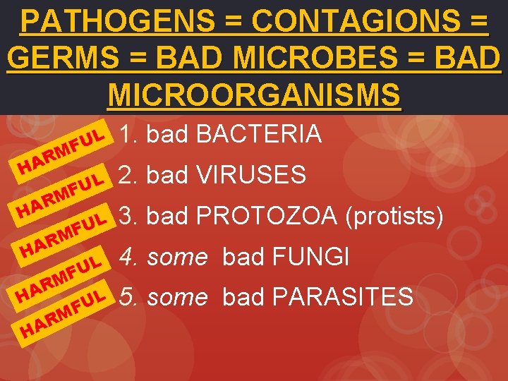 PATHOGENS = CONTAGIONS = GERMS = BAD MICROBES = BAD MICROORGANISMS L U F