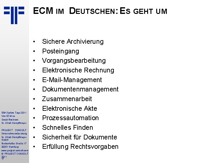 ECM IM DEUTSCHEN: ES GEHT UM EIM Update Tage 2011 Von ECM zu Social