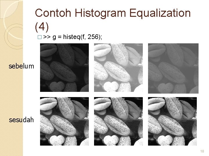 Contoh Histogram Equalization (4) � >> g = histeq(f, 256); sebelum sesudah 18 