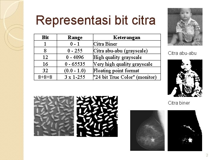 Representasi bit citra Bit 1 8 12 16 32 8+8+8 Range 0 -1 0