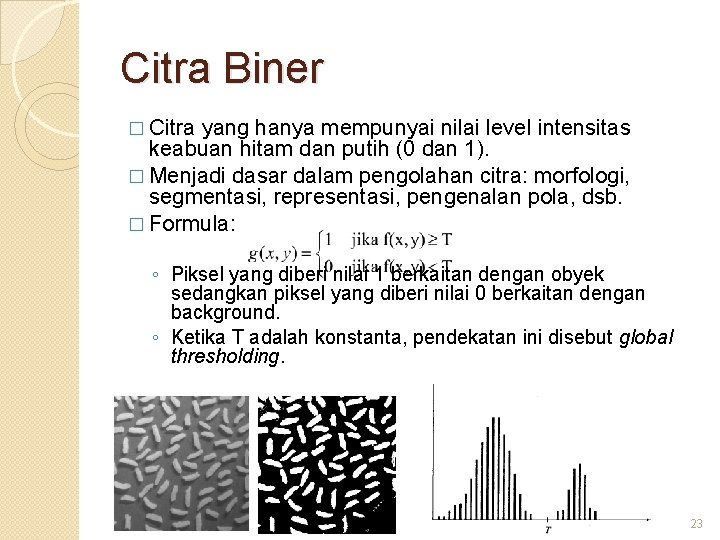 Citra Biner � Citra yang hanya mempunyai nilai level intensitas keabuan hitam dan putih