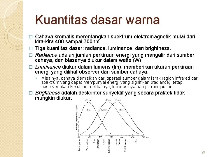 Kuantitas dasar warna Cahaya kromatis merentangkan spektrum elektromagnetik mulai dari kira-kira 400 sampai 700