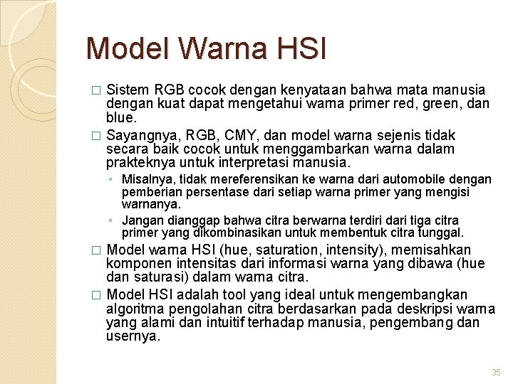 Model Warna HSI Sistem RGB cocok dengan kenyataan bahwa mata manusia dengan kuat dapat
