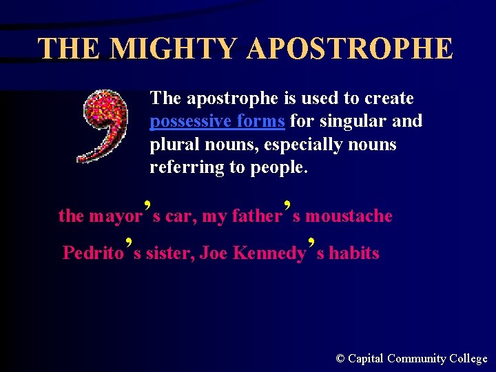 THE MIGHTY APOSTROPHE The apostrophe is used to create possessive forms for singular and