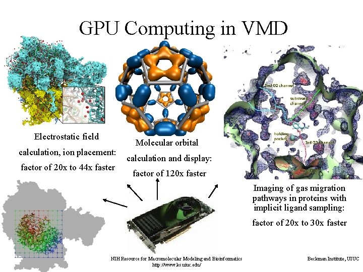 GPU Computing in VMD Electrostatic field calculation, ion placement: factor of 20 x to