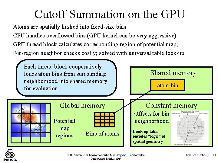 Cutoff Summation on the GPU Atoms are spatially hashed into fixed-size bins CPU handles