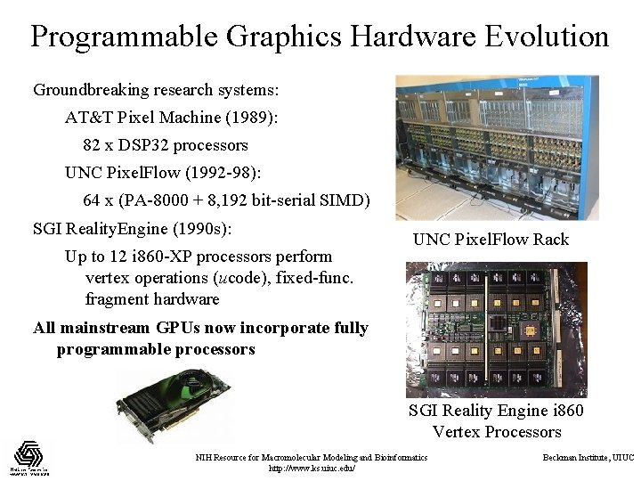 Programmable Graphics Hardware Evolution Groundbreaking research systems: AT&T Pixel Machine (1989): 82 x DSP