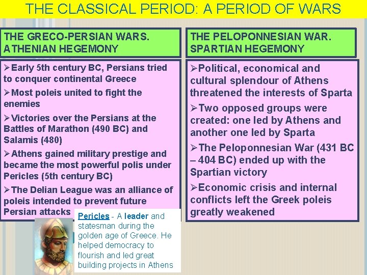 THE CLASSICAL PERIOD: A PERIOD OF WARS THE GRECO-PERSIAN WARS. ATHENIAN HEGEMONY THE PELOPONNESIAN