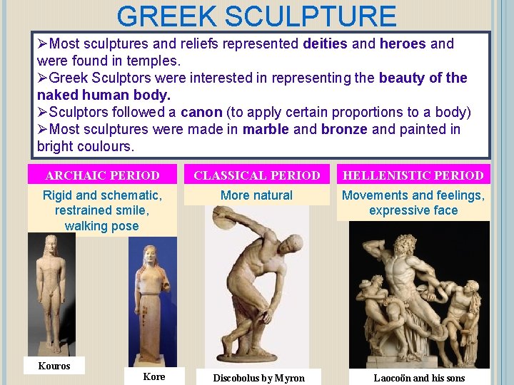 GREEK SCULPTURE ØMost sculptures and reliefs represented deities and heroes and were found in