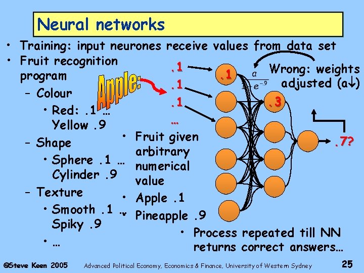 Neural networks • Training: input neurones receive values from data set • Fruit recognition.