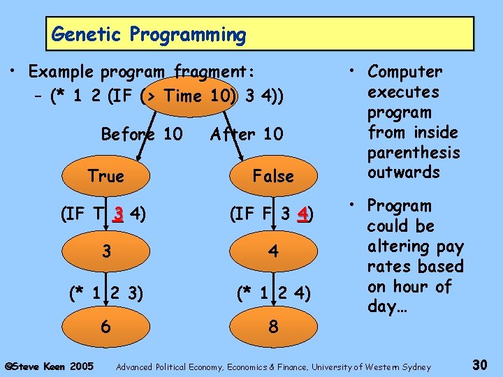 Genetic Programming • Example program fragment: – (* 1 2 (IF (> Time 10)