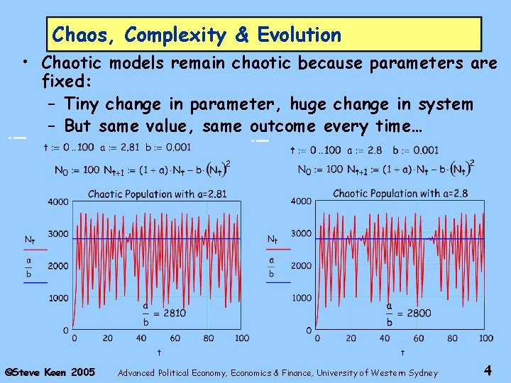 Chaos, Complexity & Evolution • Chaotic models remain chaotic because parameters are fixed: –