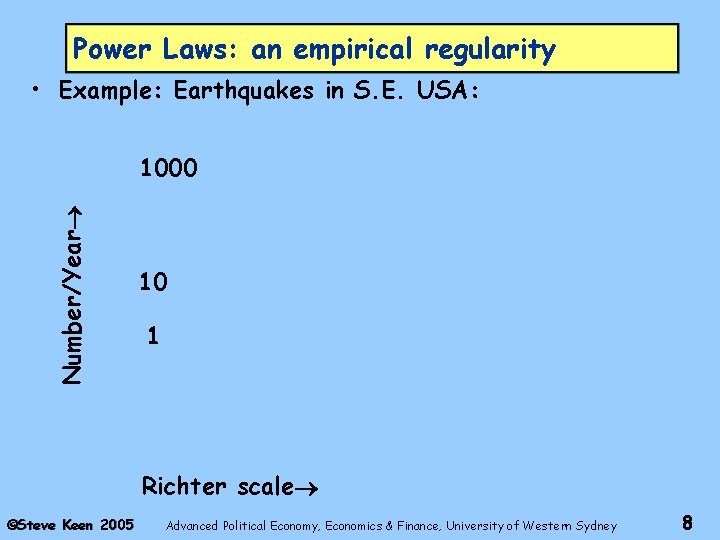 Power Laws: an empirical regularity • Example: Earthquakes in S. E. USA: Number/Year 1000