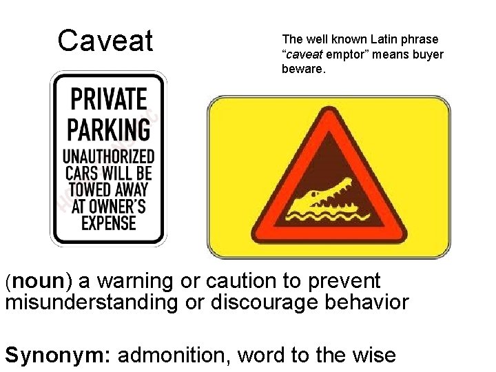 Caveat The well known Latin phrase “caveat emptor” means buyer beware. (noun) a warning