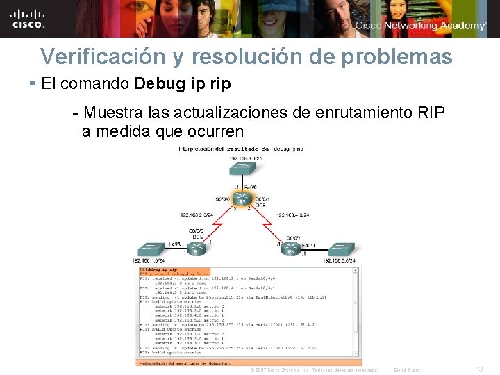 Verificación y resolución de problemas § El comando Debug ip rip - Muestra las