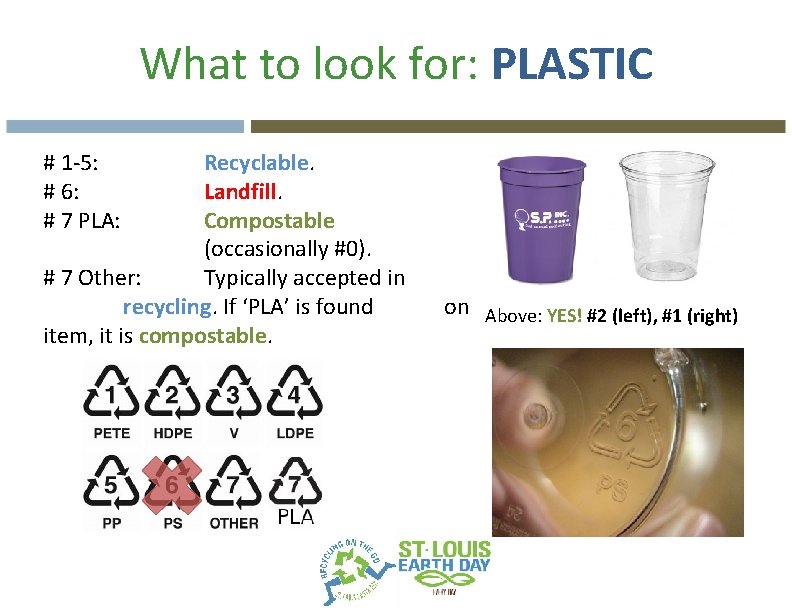 What to look for: PLASTIC # 1 -5: # 6: # 7 PLA: Recyclable.