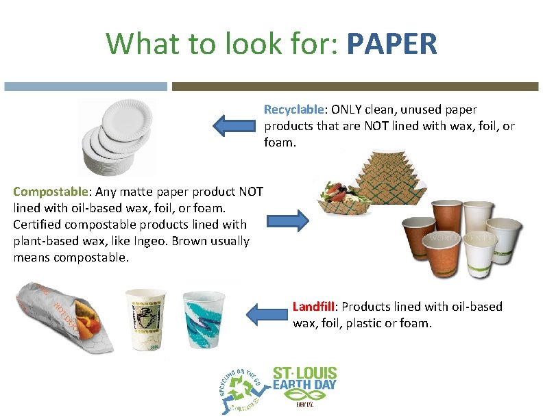What to look for: PAPER Recyclable: ONLY clean, unused paper products that are NOT