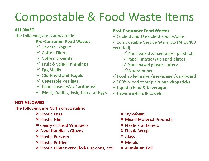 Compostable & Food Waste Items ALLOWED The following are compostable! Pre-Consumer Food Wastes Cheese,