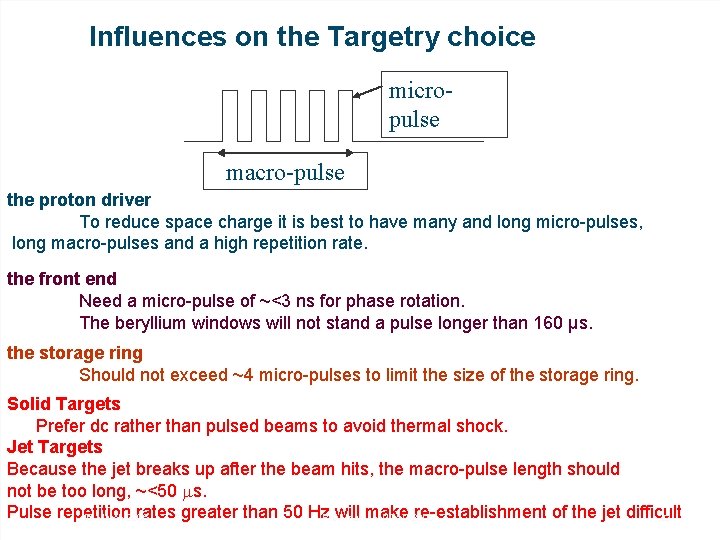 Influences on the Targetry choice micropulse macro-pulse the proton driver To reduce space charge