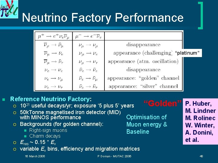 Neutrino Factory Performance “platinum” n Reference Neutrino Factory: ¡ ¡ ¡ “Golden” 1021 useful