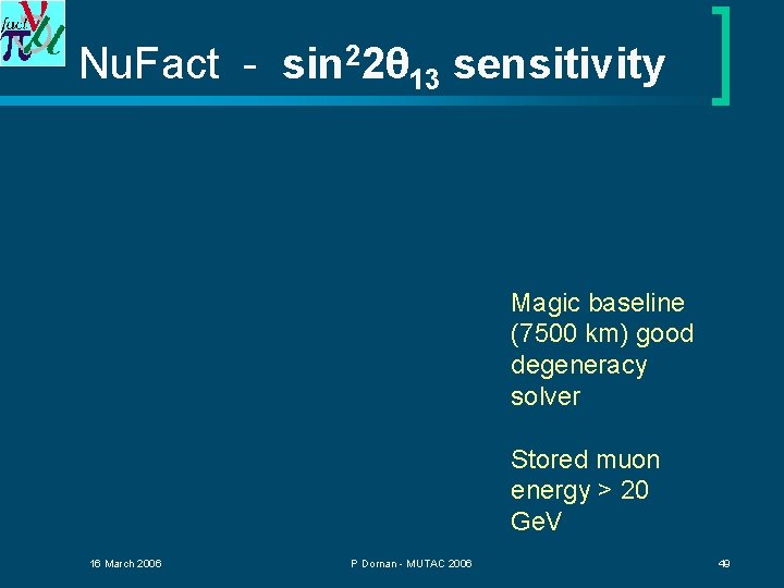 Nu. Fact - sin 22θ 13 sensitivity Magic baseline (7500 km) good degeneracy solver