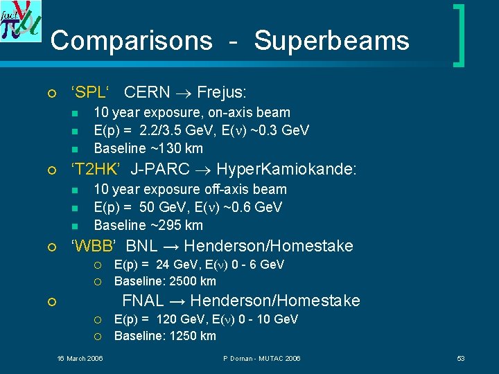 Comparisons - Superbeams ¡ ‘SPL‘ CERN Frejus: n n n ¡ ‘T 2 HK’