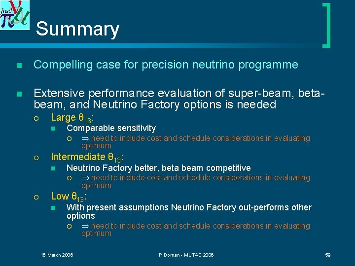 Summary n Compelling case for precision neutrino programme n Extensive performance evaluation of super-beam,