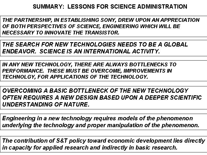 SUMMARY: LESSONS FOR SCIENCE ADMINISTRATION THE PARTNERSHIP, IN ESTABLISHING SONY, DREW UPON AN APPRECIATION