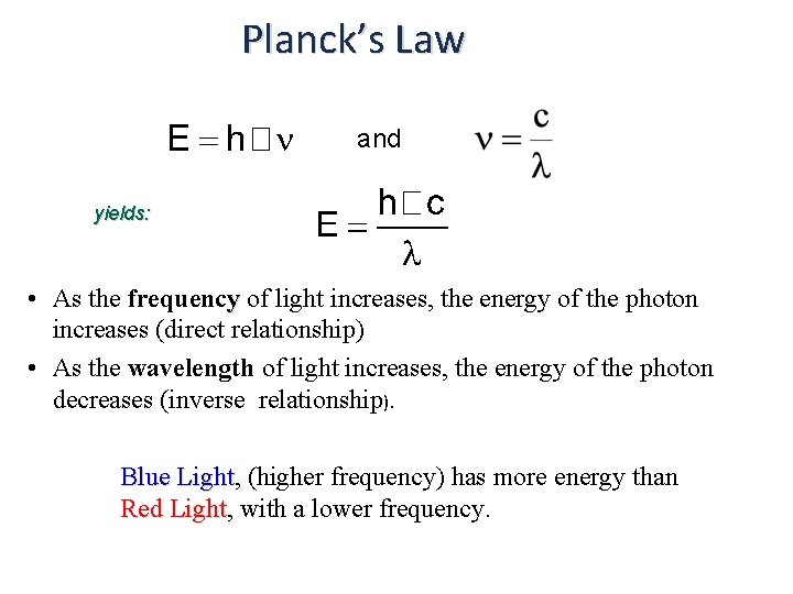 Planck’s Law and yields: • As the frequency of light increases, the energy of