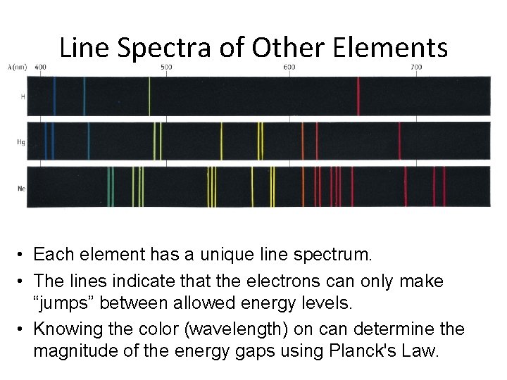 Line Spectra of Other Elements • Each element has a unique line spectrum. •