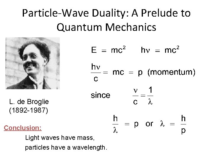Particle-Wave Duality: A Prelude to Quantum Mechanics L. de Broglie (1892 -1987) Conclusion: Light