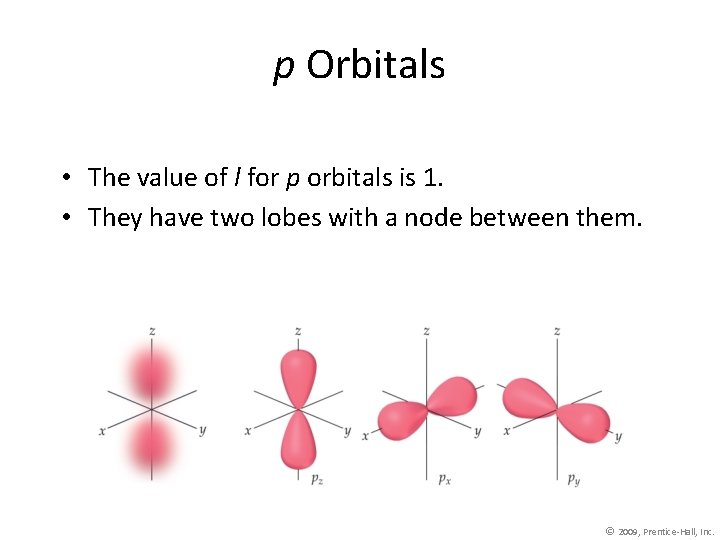 p Orbitals • The value of l for p orbitals is 1. • They