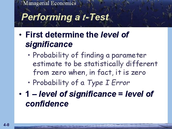 Managerial Economics Performing a t-Test • First determine the level of significance • Probability