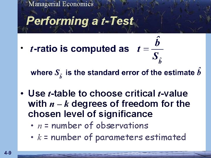 Managerial Economics Performing a t-Test • • Use t-table to choose critical t-value with