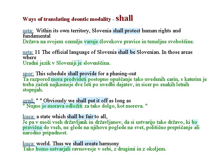 Ways of translating deontic modality - shall usta: Within its own territory, Slovenia shall