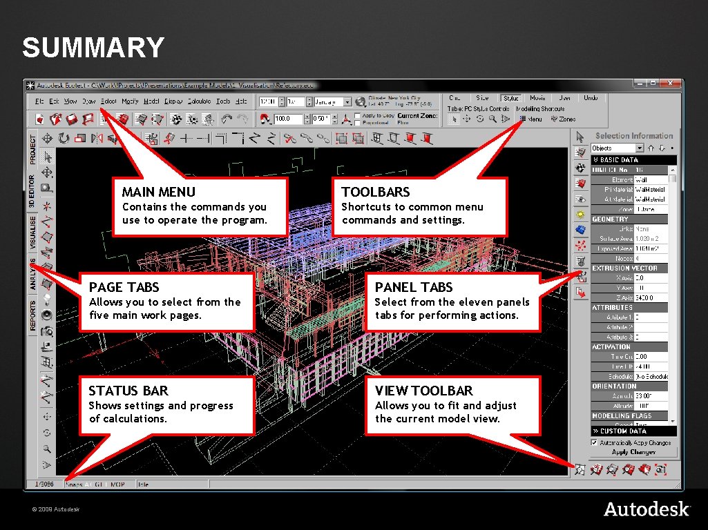 SUMMARY © 2009 Autodesk MAIN MENU TOOLBARS Contains the commands you use to operate