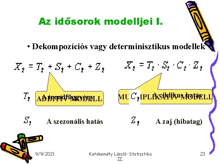 Az idősorok modelljei I. • Dekompozíciós vagy determinisztikus modellek A trendfüggvény ADDITÍV MODELL A