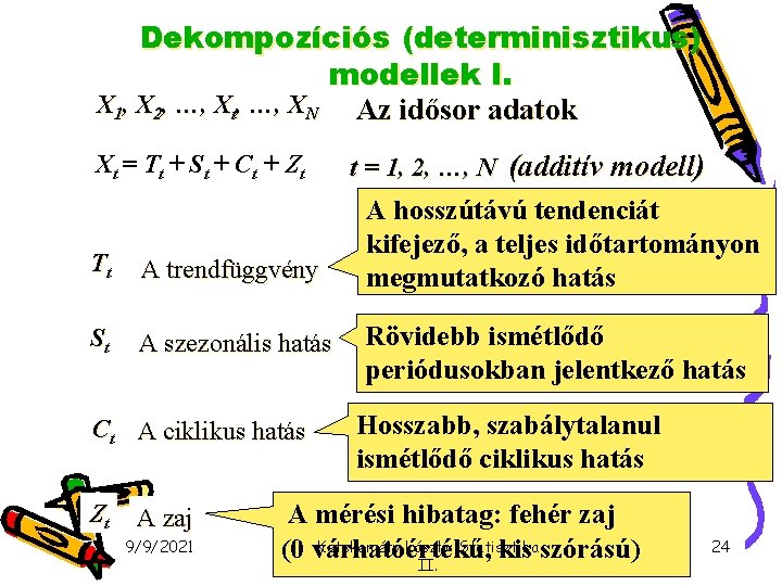 Dekompozíciós (determinisztikus) modellek I. X 1, X 2, …, Xt, …, XN Az idősor