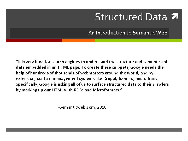 Structured Data An Introduction to Semantic Web “It is very hard for search engines
