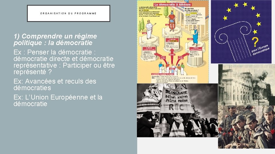 ORGANISATION DU PROGRAMME • 1) Comprendre un régime politique : la démocratie • Ex