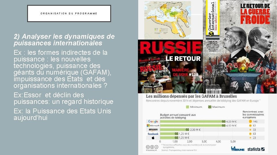 ORGANISATION DU PROGRAMME • 2) Analyser les dynamiques de puissances internationales • Ex :